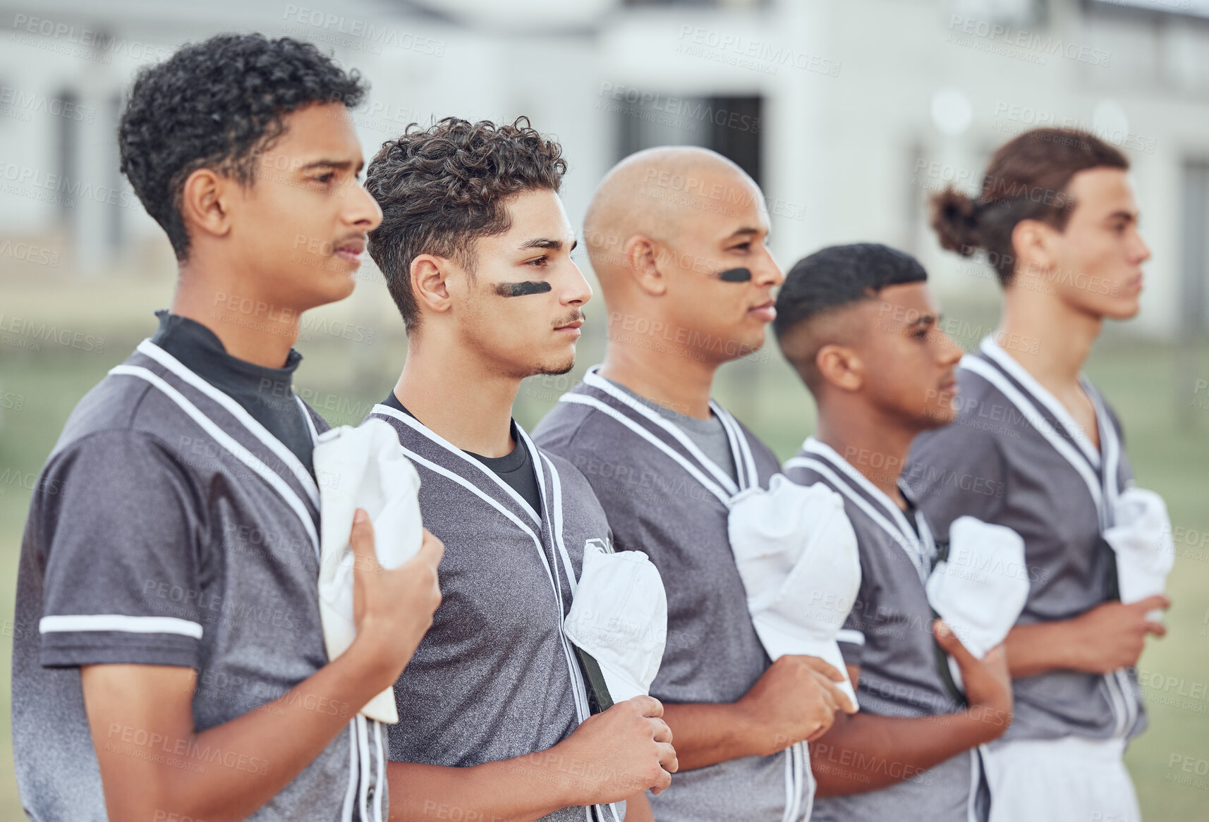 Buy stock photo Anthem, baseball and field with team, national and proud with hat, hand and chest for respect at game. Man, diversity and sports in teamwork, contest or baseball player in group, focus or attention