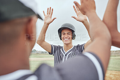 Buy stock photo Baseball, high five and team in celebration after win in a game, match or practice. Teamwork, happiness and players celebrating after winning, success and support in sports together on baseball field