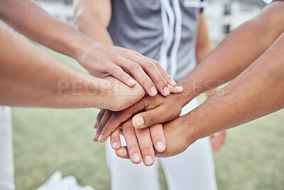 Buy stock photo Hands, teamwork or fitness friends with support for motivation, collaboration or team building for sports goal. Diversity, trust or baseball group hand for partnership, trust or workout exercise