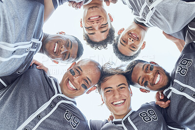 Buy stock photo Sport, baseball and team huddle portrait for game mental preparation together with cheerful smile. Teamwork, competition and baseball player men at athlete match excited, happy and ready.

