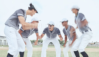 Buy stock photo Coaching, success and sports with team for baseball on field for training, support and motivation for games competition. Fitness, exercise and workout with happy athlete and excited for celebration