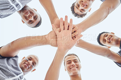 Buy stock photo Portrait, diversity and baseball men from connect hands in huddle for team support, collaboration and teamwork. Happy, motivation and athletes huddled in circle for sport, support or sports community