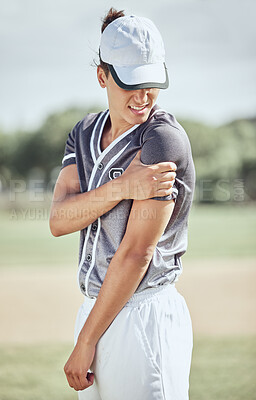 Buy stock photo Baseball player, arm injury and pain during sports training, fitness exercise and athlete practice outdoor on field. Injured man massage muscle area for fibromyalgia, orthopedic or softball accident