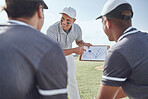 Baseball coaching, strategy or team planning on clipboard for match exercise, event training or game workout on field. Coach, motivation or teamwork communication for sports or competition 