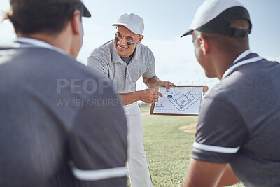 Buy stock photo Baseball coaching, strategy or team planning on clipboard for match exercise, event training or game workout on field. Coach, motivation or teamwork communication for sports or competition 