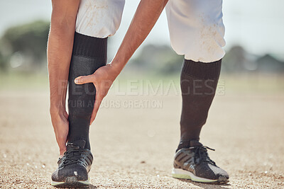 Buy stock photo Sports, field and man with ankle injury after game, competition or baseball performance workout. Emergency, training accident or athlete legs in pain after fitness, exercise or running on grass pitch