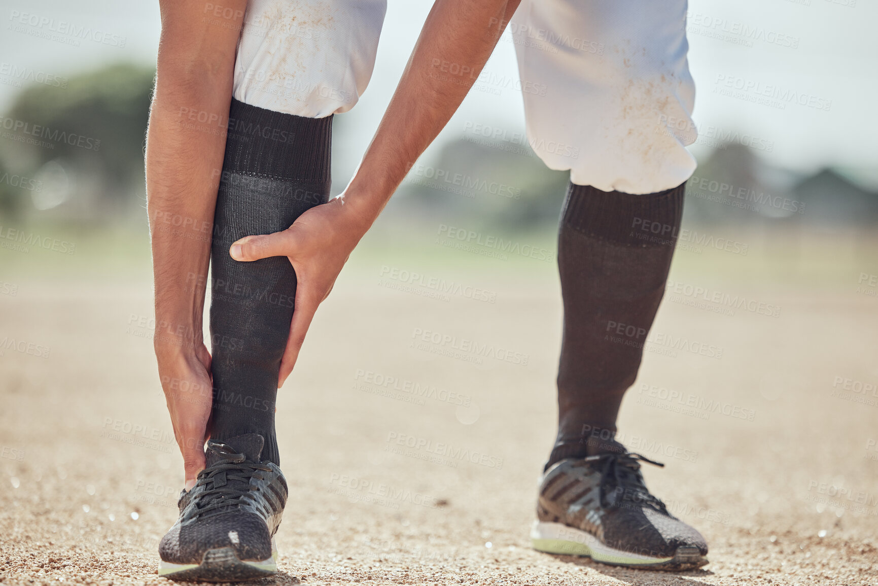 Buy stock photo Sports, field and man with ankle injury after game, competition or baseball performance workout. Emergency, training accident or athlete legs in pain after fitness, exercise or running on grass pitch