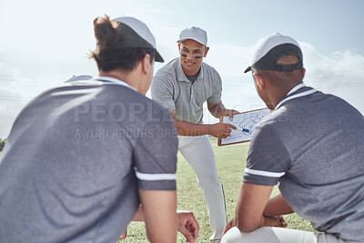 Buy stock photo Happy baseball coach, team or strategy for planning on paper clipboard for match exercise, event training or game workout on field. Coaching, motivation or teamwork fitness for sports or health goals