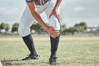 Buy stock photo Baseball leg injury, man and sports athlete on a outdoor grass field hurt in the summer. Baseball player experience a muscle pain from workout exercise, fitness and cardio game training accident