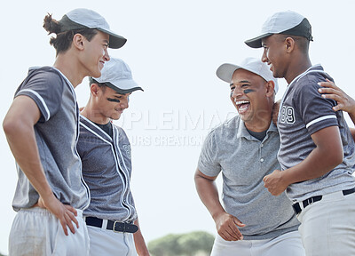 Buy stock photo Happy, team and baseball player group laughing together from game success outdoor. Teamwork, collaboration and baseball with funny joke, happiness and smile ready for sport and workout training