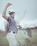 Man, baseball and double exposure, baseball player and sport, skill and ball, pitch on baseball field for game. Sports club, young athlete and exercise, fitness and professional ability. 