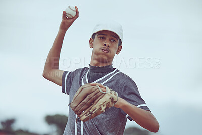 Buy stock photo Baseball, sports and fitness with a man athlete throwing a ball during a game or match outside. Workout, training and exercise with a male baseball player playing a competitive sport for health