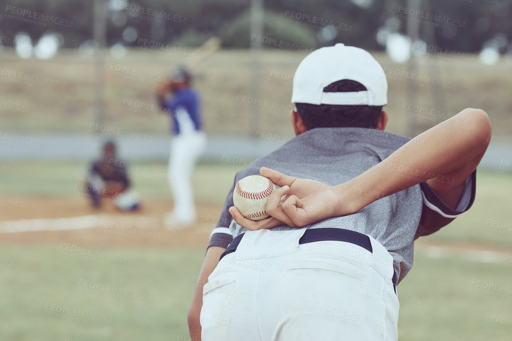 Buy stock photo Baseball, pitcher and ball in hand, player ready to pitch and young men playing on field. Sports, fitness and professional baseball player in uniform with baseball bat waiting on diamond to win game.