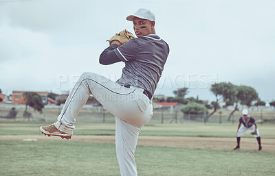 Buy stock photo Baseball, sports and man throwing a ball during a professional game on a field with a team. Athlete pitching during an event for sport, competition or training with focus, balance and speed at a park