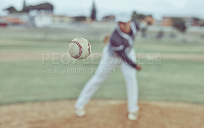 Buy stock photo Baseball, sports and athlete pitching with a ball for a match or training on outdoor field. Fitness, softball and pitcher practicing to throw with equipment for game or exercise on a pitch at stadium