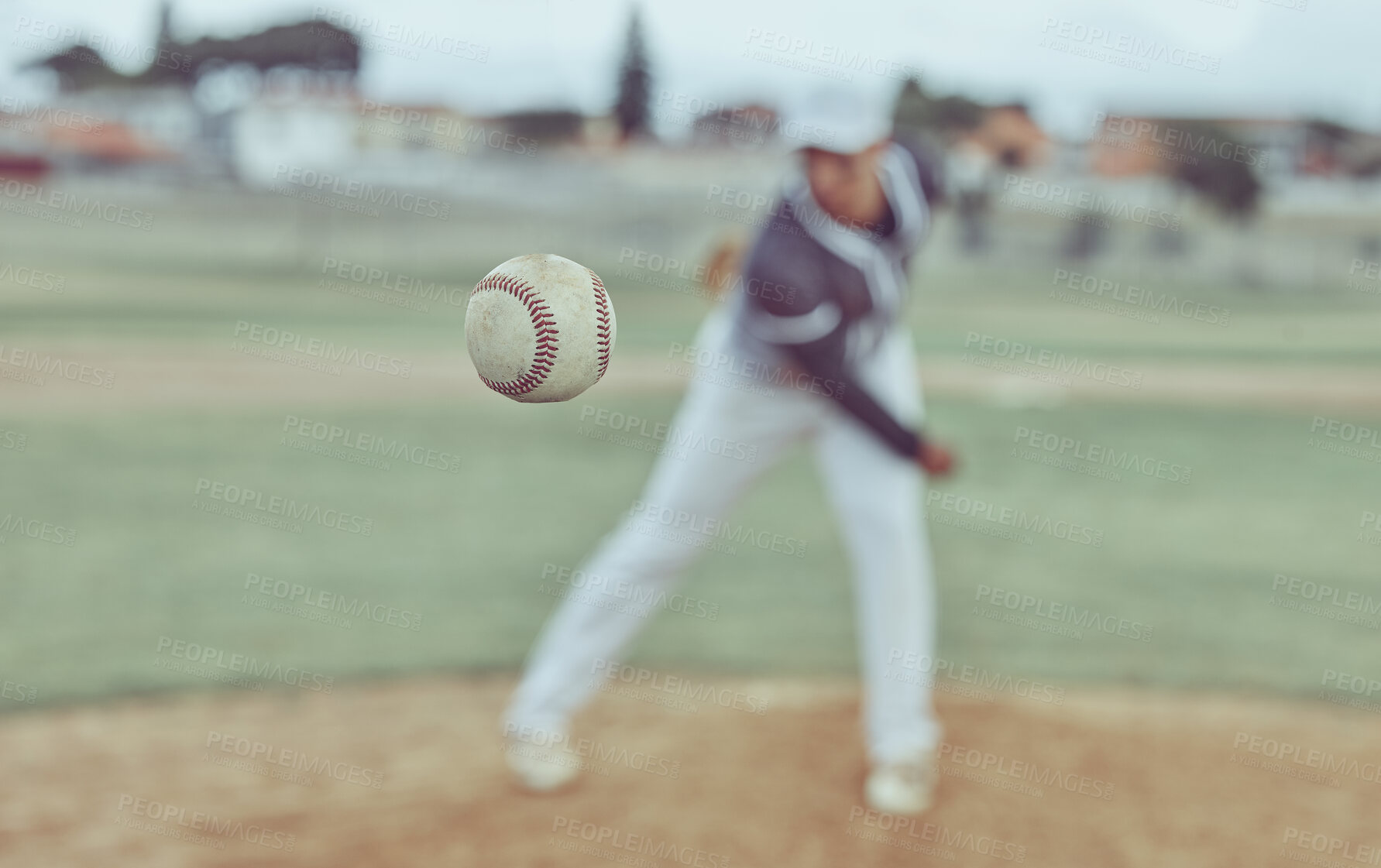 Buy stock photo Baseball, sports and athlete pitching with a ball for a match or training on outdoor field. Fitness, softball and pitcher practicing to throw with equipment for game or exercise on a pitch at stadium