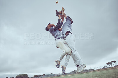 Sports, action and a men catch baseball, jump in air with ball in baseball glove. Energy, sport and catch, baseball player on the field or pitch during game, professional athlete in game or match