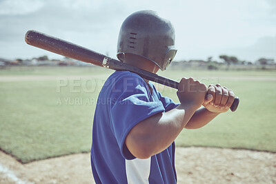 Buy stock photo Baseball, baseball batter and back view of black man on field ready to hit ball during match, game or competition. Sports, fitness and baseball player on grass field outdoor for training or exercise.
