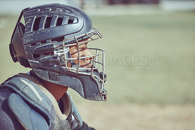 Sports, fitness and baseball catcher with helmet on diamond in stadium or park in summer sun. Game, sport and baseball player man in uniform waiting to catch ball on grass field at competition event.
