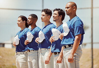 Buy stock photo Sports, baseball anthem and athlete team ready for start of game or club competition on local baseball field. Solidarity, respect and softball player singing, prepare for fitness training or workout