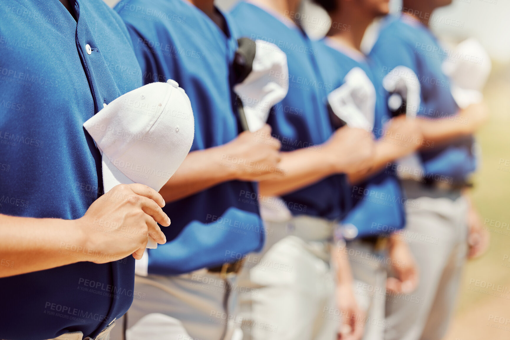 Buy stock photo Sports, baseball and team singing anthem at start of game, athlete competition or baseball field tournament. Country solidarity, fitness training pitch or exercise workout for healthy softball player