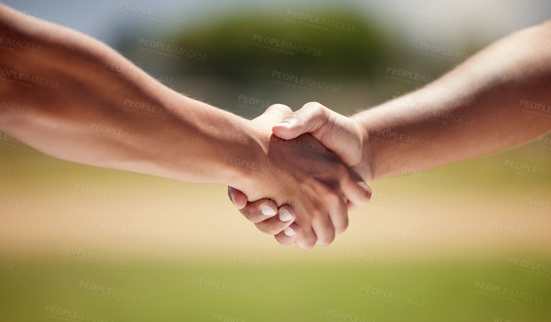 Buy stock photo Teamwork, sports and health with handshake with people playing game for fitness, support and exercise. Workout, collaboration and hands of athlete friends for health, winner and partnership challenge