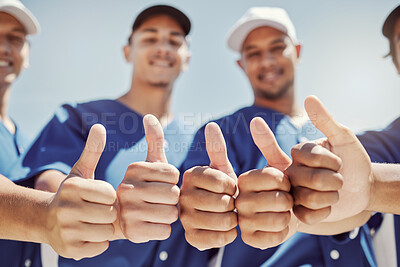 Buy stock photo Baseball player, thumbs up and sports teamwork support, winner success and motivation of goals, trust or celebration. Softball men group, hands and thumb up collaboration of happy friends achievement