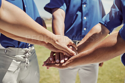 Buy stock photo Hands, team and baseball in support, trust and coordination for unity in sports on a field in the outdoors. Hand of people in teamwork piling together in motivation, collaboration or plan to win game