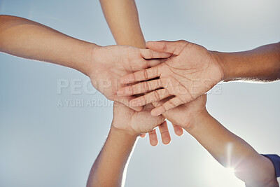 Buy stock photo Hands, teamwork and collaboration, blue sky and low angle of baseball people working together for target, goal or mission. Trust, support or motivation of sports group in solidarity, unity or union.