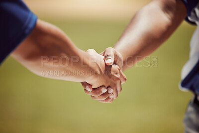 Buy stock photo Closeup, handshake and baseball for game, match or contest with respect in sport on field. Shaking hands, man and baseball player in competition, together or motivation for success, greeting or unity