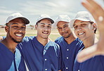 Baseball, selfie and team on a field for a game, training or exercise. Face portrait of young, happy and excited athlete group with a photo at a field or park in nature for collaboration in sports