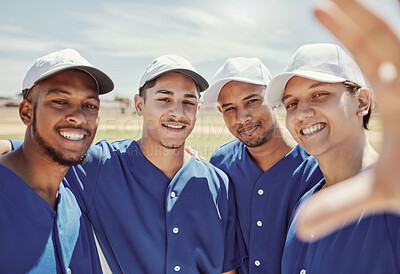 Buy stock photo Baseball, selfie and team on a field for a game, training or exercise. Face portrait of young, happy and excited athlete group with a photo at a field or park in nature for collaboration in sports