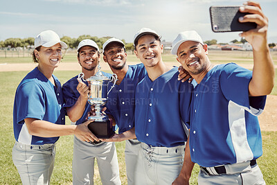 Buy stock photo Winner, baseball and selfie with team and trophy for training, sports and success together. Health, exercise and smile with phone and athlete on baseball field for teamwork, collaboration and happy