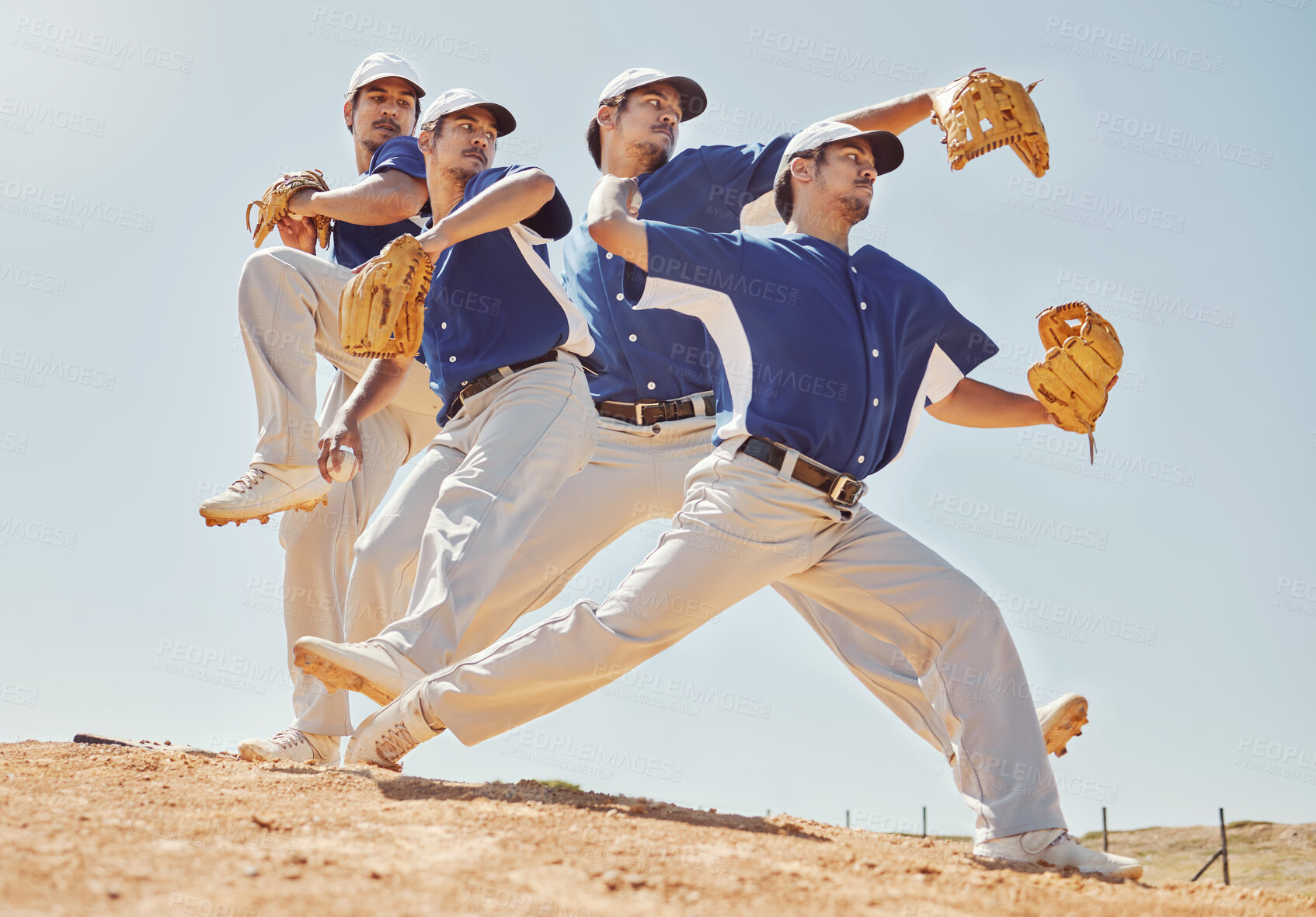 Buy stock photo Men pitcher, baseball and athletes training for a sports game together on an outdoor field. Fitness, workout and friends practicing to pitch or throw a ball with a glove for a workout or exercise.