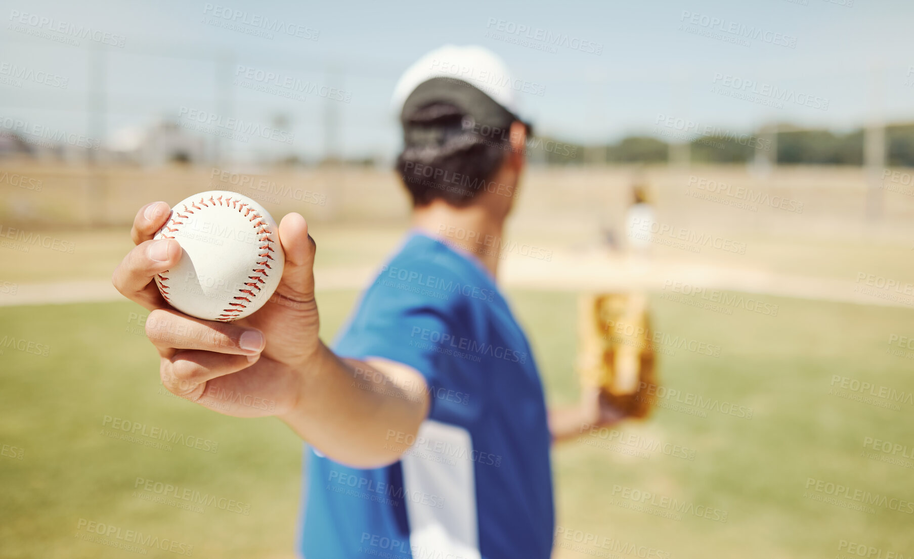 Buy stock photo Baseball, pitcher training and baseball player workout on field outdoors. Athlete man fitness motivation, professional sports health and wellness exercise with ball or getting ready for softball game