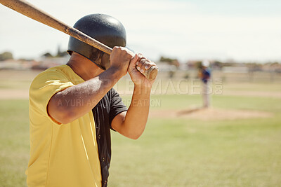 Buy stock photo Baseball, athlete and man with a bat on the pitch playing a sport game or fitness training. Sports, softball and man practicing his batting for a match at outdoor field or stadium with a wood baton.