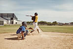 Baseball batter, baseball team and man with bat on field at competition, training game or match. Exercise, fitness and baseball players with baseball glove for sports workout outdoors on grass field.