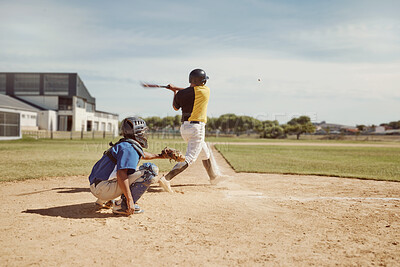 Buy stock photo Baseball batter, baseball team and man with bat on field at competition, training game or match. Exercise, fitness and baseball players with baseball glove for sports workout outdoors on grass field.