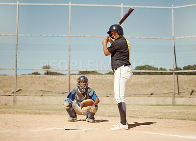 Buy stock photo Baseball, pitcher and man with a bat on pitch playing a match or sport training as a team. Fitness, sports and men athletes practicing pitching and batting before a softball game on an outdoor field.