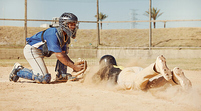 Baseball, baseball player and diving on home plate sand of field ground sports pitch during athletic sports ball game competition. Rough match, sport training and fitness workout in Dallas Texas dust