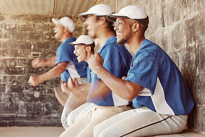 Buy stock photo Sports celebration, baseball winner and team celebrate game victory, competition win or point from dugout. Winning motivation, partnership or softball player excited after fitness workout or teamwork