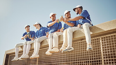 Buy stock photo Baseball team, men or game success with beer toast, winner celebration or match goals after exercise game. Smile, happy or fitness softball players, sports people or friends bonding and alcohol drink