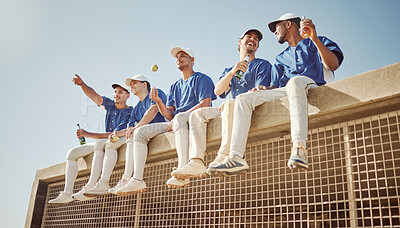Buy stock photo Baseball, team and baseball player, sports men together and health with fitness, diversity and group on a break. Young, athlete and happy, fruit and drink for nutrition, hydration and fun at game.