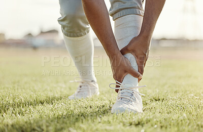 Buy stock photo Sports, field and man with ankle injury after game, competition or baseball performance workout. Emergency, training accident or athlete legs in pain after fitness, exercise or running on grass pitch