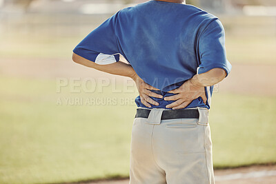 Buy stock photo Sports, baseball injury and man with back pain, emergency or muscle strain during game, competition or fitness match. Softball player, field pitch or back view of athlete with hurt spine or backache