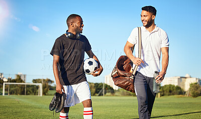 Buy stock photo Soccer, training and friends walking on field after practice, match and football game. Diversity, fitness and men happy after exercise, workout and playing sports together carrying gear, ball and bag