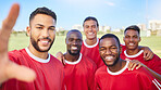 Soccer team, happy and football player selfie portrait with group of diversity men together for motivation, winning and competition game. Exercise, champion mindset and smile of men at sport training
