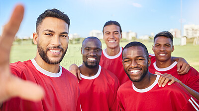 Buy stock photo Soccer team, happy and football player selfie portrait with group diversity men together for motivation, winning and competition game. Exercise, champion mindset and smile photo of guys at training
