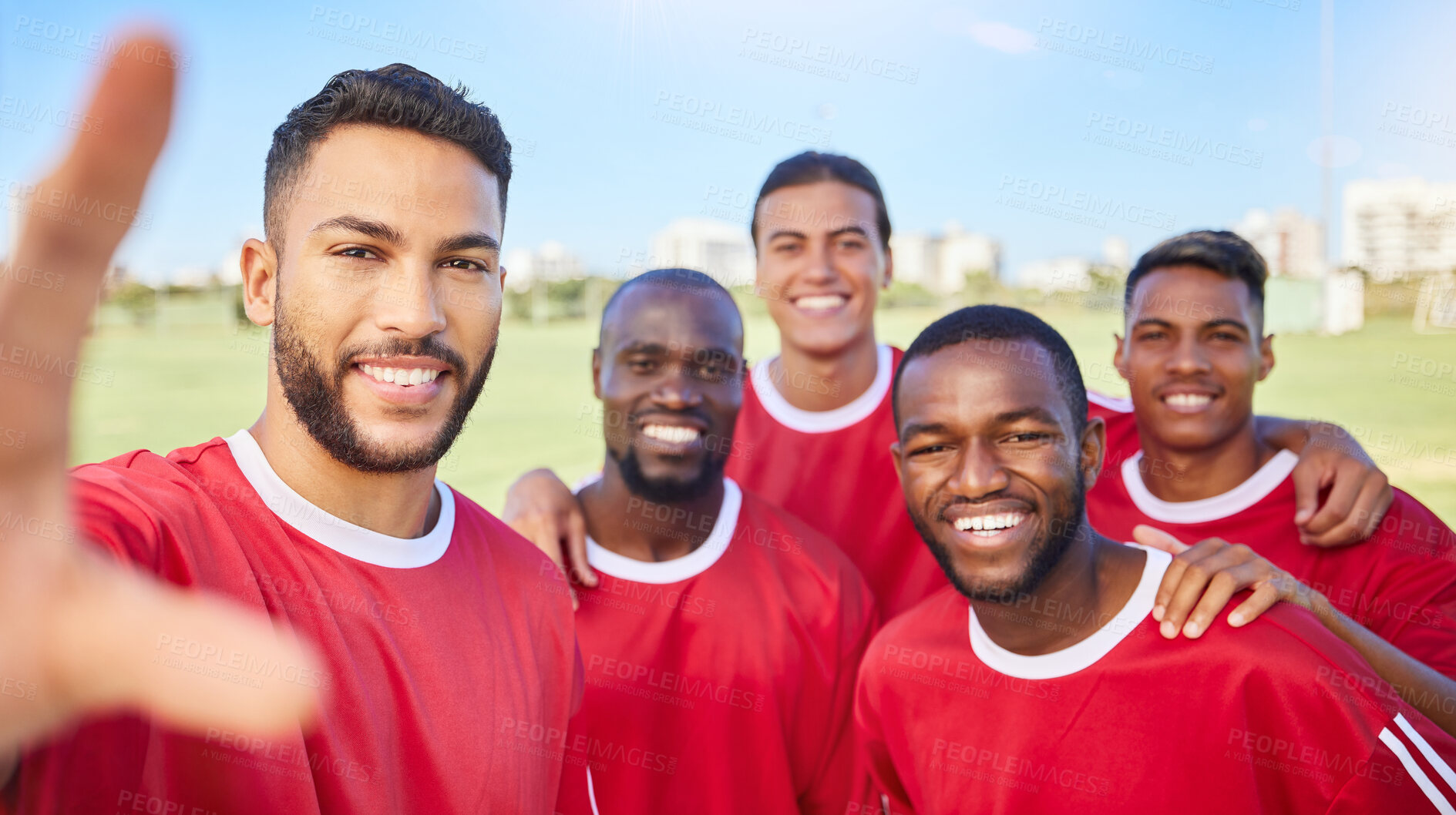 Buy stock photo Soccer team, happy and football player selfie portrait with group diversity men together for motivation, winning and competition game. Exercise, champion mindset and smile photo of guys at training