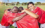 Soccer, fitness and team in a huddle for motivation, goals and group mission on a soccer field for a sports game. Smile, team building and football players planning a strategy, targets and vision 